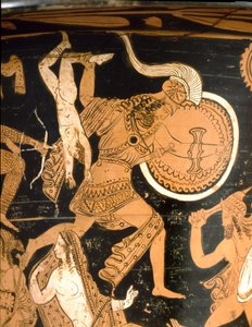 Etruski antyczne: krater dzwonów przedstawiający zniszczenie Troi: szczegół przedstawiający Neoptoleme rzucającego przez mury Astianaxa, syna Hektora. Z Falerii Veteres (Civita Castellana). 350-300 pne. Rzym, Museo Nazionale di Villa Giulia autorstwa Etruscan