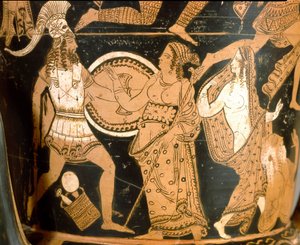 Antyczny etruski: krater w dzwonie przedstawiający zniszczenie Troi: szczegół przedstawiający Menelasa w obliczu Afrodyty, Helene jest przedstawiona po prawej stronie. Z Falerii Veteres (Civita Castellana). 350-300 pne. Rzym, Museo Nazionale di Villa Giuli autorstwa Etruscan