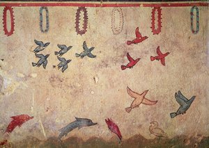 Ptaki wodne i skaczące delfiny, z Grobowca Łowiectwa i Rybołówstwa, ok. 520-10 pne (malowidło ścienne) autorstwa Etruscan