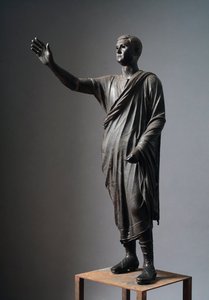 Aule Metele (Mówca), orator rzymski - Rzeźba etruska z brązu, wys. 179 cm, ok. 90-70 pne, z Pila, Włochy - Cywilizacja etruska: „” Urzędnik Perugii Aulus Metellus mówi Mówca lub Arringatore”” Rzeźba z brązu autorstwa Etruscan
