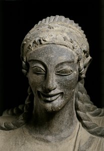 SZTUKA ETRUSKA: Apollo (detal). ok. 510-490 p.n.e. Z Veius, sanktuarium o..., ok. 510-490 p.n.e. (terakota) autorstwa Etruscan