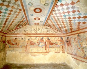 Etruski Grobowiec Lampartów, fresk przedstawiający scenę bankietową, Tarquinia. V wiek pne, Włochy (fresk)