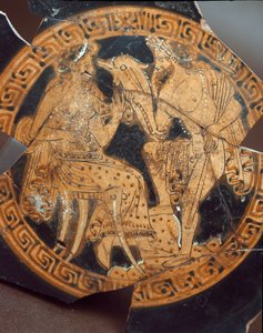 Etruski antyczny: fragment kiliksu przedstawiający Posejdona i Amfitrytę. Z Falerii Veteres (Civita Castellana) z VI wieku p.n.e. Rzym, Muzeum Narodowe Villa Giulia autorstwa Etruscan