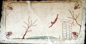 Sztuka etruska: młody pływak nurkujący. Fresk grobu „nurka”. Z południowego cmentarza Paestum. 480-470 pne. Museo Archeologico Nazionale, Paestum