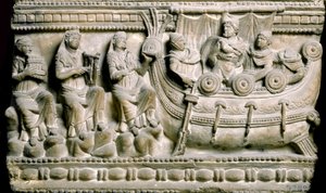 Sztuka etruska: „”Ulisses, przywiązany do maty swojego statku, opiera się śpiewowi syren”” Płaskorzeźba sarkofagu Volterry. IV-III wiek p.n.e. Florencja, muzeum archeologiczne - Cywilizacja Etrusków, IV wiek pne: Płaskorzeźba sarkofagu autorstwa Etruscan