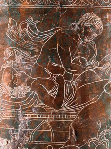 Sztuka etruska: fragment brązowego Cistusa Ficoroni przedstawiający legendę Argonautów: statek Argos. Z Preneste (Palestrina). 340 pne. Museo Nazionale di Villa Giulia, Rzym autorstwa Etruscan