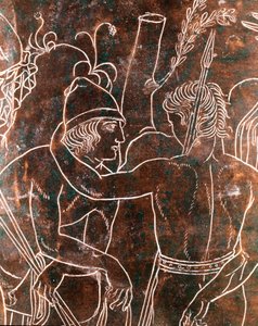 Sztuka etruska: fragment brązowego Cistusu Ficoroni przedstawiający legendę Argonautów. Z Preneste (Palestrina). 340 pne. Muzeum Narodowe Villa Giulia, Rzym autorstwa Etruscan