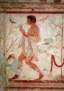 Sztuka etruska: freski przedstawiające sceny bankietowe, detal przedstawiający flecistę. Grobowiec Triclinium. V wiek pne. Narodowe Muzeum Archeologiczne w Tarquinia Włochy autorstwa Etruscan