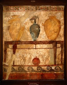 Sztuka etruska: stół z wazonami z darami. Fresk z cmentarza Paestum. IV wiek p.n.e. Museo Archeologico Nazionale, Neapol, Włochy autorstwa Etruscan