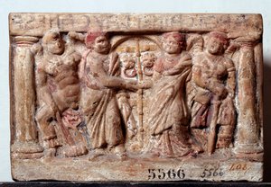 Cywilizacja etruska: Terakotowa urna z Chiusi Włochy - II wiek pne Wymiary 20x30 cm (sztuka etruska: terakotowa urna II wiek pne) Florencja, Museo Archeologico, inw 5566 autorstwa Etruscan