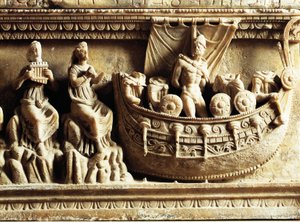 Cywilizacja Etrusków, alabastrowa urna, fragment płaskorzeźby przedstawiający Odyseusza i Syreny autorstwa Etruscan
