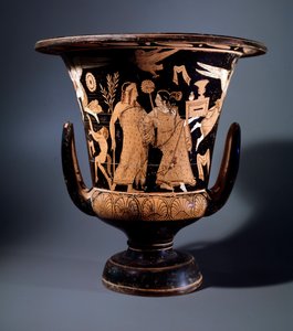 Cywilizacja etruska: terakotowy wystrój krateru autorstwa malarza Nazzano przedstawiający Apolla i menadę, 350 pne Wym. 57 cm, Z terenu Civita Castellana autorstwa Etruscan