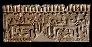 Cywilizacja etruska: fryz z terakoty ozdobiony sceną bankietową. 580 pne Wym. 24x54 cm. Z Pałacu Murlo. Murlo, Antiquarium Comunale autorstwa Etruscan