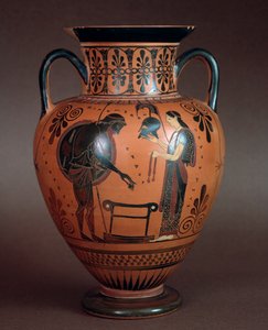 Cywilizacja etruska: hydria terakotowa przedstawiająca poddanie broni Tetydy swemu synowi Achillesowi, 550-500 p.n.e. Z Cerveteri, Włochy autorstwa Etruscan