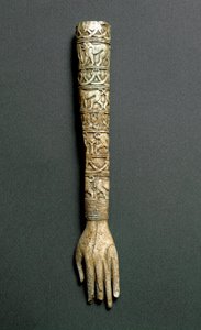 Etruski antyczny: przednie ramię lub rękojeść flabellum (wachlarz liturgiczny) z kości słoniowej. Z grobowca Barberinich w Preneste (Palestrina). VII wiek pne. Rzym, Muzeum Narodowe Villa Giulia autorstwa Etruscan