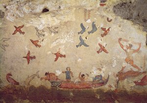 Rybacy w łodzi i ptaki latające, z Grobowca Rybołówstwa i Łowiectwa, ok. 520-510 pne (malowidło ścienne) autorstwa Etruscan