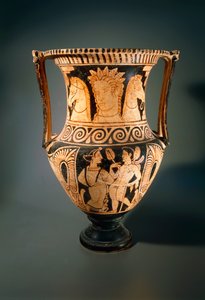 Kelebe lub krater kolumnowy, autorstwa malarza Asciano, przedstawiający młodą dziewczynę otrzymującą flabellum (wachlarz). Ceramika czerwonofigurowa z Grobowca 3 Poggio Pinci, Asciano (Toskania). Cywilizacja etruska, IV wiek p.n.e. autorstwa Etruscan