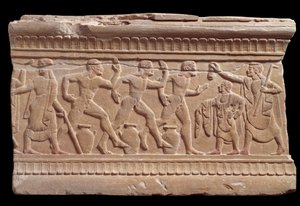 Płaskorzeźba z wyścigiem sportowców z marmurowego kamienia milowego w Chiusi, Włochy, VI wiek pne autorstwa Etruscan