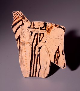 Fragment terakoty kylix przedstawiający menadę i satyra, 350 pne autorstwa Etruscan