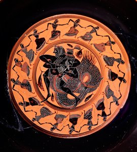 Terakotowy kylix przedstawiający Herkulesa walczącego z Trytonem w otoczeniu siedemnastu tańczących Nereidów, VI w. p.n.e. autorstwa Etruscan
