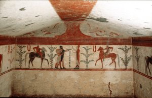 Dwóch jeźdźców, kobieta i brodaty mężczyzna prezentujący kielich (Detal fresku, 530 p.n.e.) autorstwa Etruscan