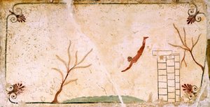 nurek, ok. 480-490 p.n.e., fresk dekoracyjny z płyty przykrywającej grobowiec nurka w Paestum, Kampania, Włochy, V w. p.n.e.