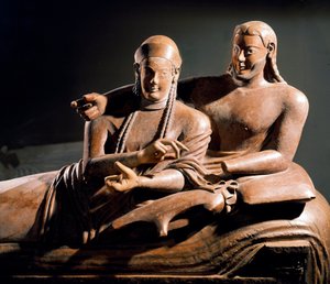 Sztuka Etruska: Sarcophagus des spouses, terakotowa grupa sulpte pary na łożu pogrzebowym - Detal, z Cerveteri, Włochy. 525-500 P.N.E. Paryż, musee du Louvre - Cywilizacja etruska: Sarkofag małżonków - rzeźba terakotowa (detal) z Cerve