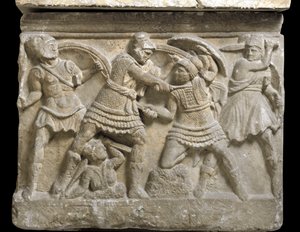 Sztuka etruska: „Eteokles i Polinice”” dwaj bracia, syn Edypa, płaskorzeźba sarkofagu Chiusi, III wpne - Palermo, Museo Archeologico Nazionale - Pojedynek braci Eteoklesa i Polinik, synów Edypa - Bas -ulga, detai
