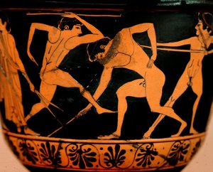 Sztuka etruska: pyxis zdobi scenę z palestry, sportowcy ćwiczą rzucanie oszczepem z Cerveteri. Rzym, Museo di Villa Giulia