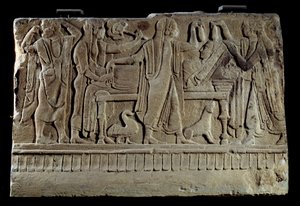 Etruski antyczny: Tablica z pogrzebowym cippe. Wystawa zmarłych na jej łożu pogrzebowym. Paryż, Musee du Louvre autorstwa Etruscan Etruscan