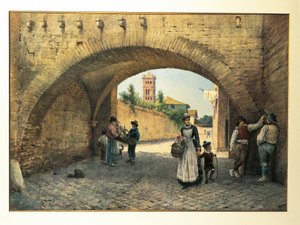 Włochy, Rzym, Łuk Tolomei autorstwa Ettore Roesler Franz, akwarela