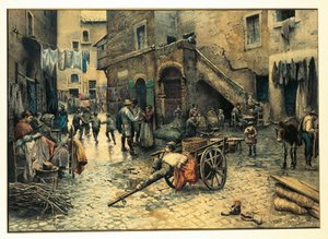 Włochy, Rzym, Życie uliczne na Via Capocciuto w (żydowskim) getcie w Rzymie autorstwa Ettore Roesler Franz, akwarela