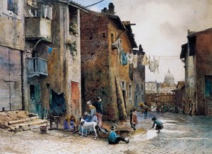 Średniowieczne domy przy Via della Lungaretta w Rzymie, autorstwa Ettore Roesler Franz (1845-1907), akwarela, Włochy
