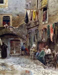 Średniowieczne pozostałości w getcie rzymskim, Ettore Roesler Franz (1845-1907), akwarela z serii Zaginiony Rzym, Szczegół, Włochy