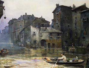 Via della Fiumara zalana w Rzymie, Ettore Roesler Franz (1845-1907), akwarela, Włochy