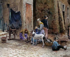 Kobiety koncentrujące się na przędzeniu, fragment starych domów w Lungaretta w Rzymie autorstwa Ettore Roesler Franz