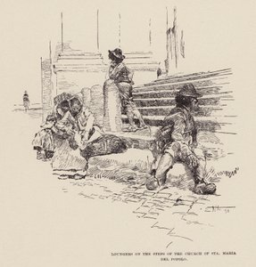 Leżaki na schodach kościoła Santa Maria del Popolo (rycina) autorstwa Ettore Tito