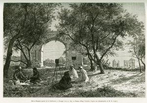 Bab-er-Roumia (Bab er Roumia), brama chrześcijanki, rzymskie ruiny w Dougga, piknik podróżników i ich przewodników, wokół kamery. Grawerowanie Eugene Girardeta, aby zilustrować historię Voyage en Tunisie, R. Cagnat i H. Saladin, oskarżeni o łuk autorstwa Eugene Alexis Girardet