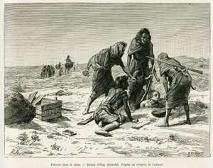 Zakop w piasku. Grawer autorstwa Eugene Girardeta, aby zilustrować historię Pięć miesięcy na koczowniczych wrzosowiskach Sahary Zachodniej, w 1887 roku, Camille Douls, in le tour du monde 1888, pod kierunkiem Edouarda Chartona (1807-1890), Hachette, Paryż. autorstwa Eugene Alexis Girardet
