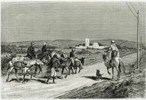 Nasza przyczepa jest w ruchu. Grawerowane przez Eugene Girardeta, aby zilustrować historię „Podróż w Tunisie”, autorstwa historyka Rene Cagnata (1852-1937) i architekta Henri Saladina (1851-1923), zlecone w latach 1882-1883 przez Ministerstwo Oświaty Publi autorstwa Eugene Alexis Girardet