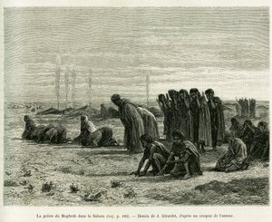 Modlitwa Moghreb na Saharze. Grawerowanie autorstwa J. Girardeta, aby zilustrować historię Cinq mois chez les moures nomades du Sahara occidental, w 1887, Camille Douls, in le tour du monde 1888, pod kierunkiem Edouarda Chartona (1807-1890), Hachette, Pa autorstwa Eugene Alexis Girardet