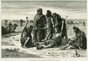 Pójdą na nogi. Grawerowanie autorstwa Eugene Girardeta, aby zilustrować historię Cinq mois chez les moures nomades du Sahara occidental, w 1887, autorstwa Camille Douls, in le tour du monde 1888, pod kierownictwem Edouarda Chartona (1807-1890), Hachette, P autorstwa Eugene Alexis Girardet