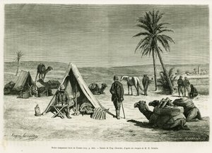 Obóz podróżny w okolicach Tozeur. Grawer autorstwa Eugene Girardeta ilustrujący opowiadanie Voyage en Tunisie, autorstwa R. Cagnata i H. Saladin, in le tour du monde 1886, w reżyserii Edouarda Chartona (1807-1890), Hachette, Paryż. autorstwa Eugene Alexis Girardet