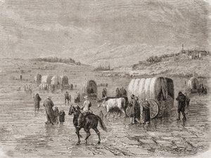 Pociąg wagonowy jadący na zachód w latach 60. XIX wieku, rytowany przez Stephane Pannemakera (1847-1930)