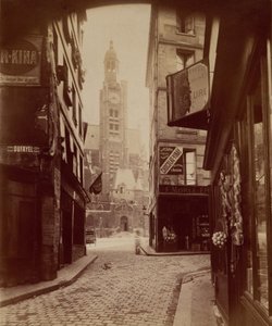 St. Étienne du Mont, ulica Montagne Sainte Geneviève (St. Étienne du Mont, ulica Montagne Sainte Geneviève) autorstwa Eugène Atget