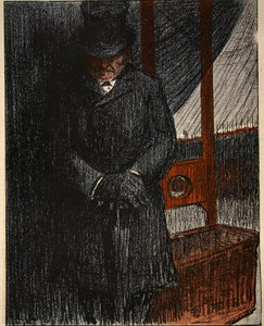 Przedsiębiorca pogrzebowy czeka na swoją następną ofiarę przy gilotynie, ilustracja z „Talerza maślanego: Funkcjonariusze”, 9 sierpnia 1902 (litografia kolorowa)