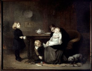 Chore dziecko Matka wdowa całuje swoje chore dziecko. Obraz Eugene Carriere (1849-1906) 1885 Nd. 2x2,46 m Paryż, musee d