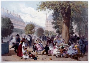 Widok na allee des foliants aux Tuileries w Paryżu Dzieci, żłobki i spacerowicze. Ryciny Eugene