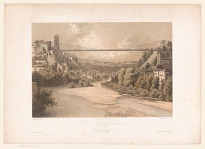 Gezicht op de hangbrug over de Sarine, te Fribourg Szwajcaria Savoy i Tyrol / Profil mostu wiszącego we Fryburgu (Kanton Fryburg) (tytuł na obiekcie)