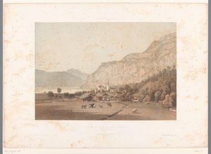 Widok Flüelen na Jezioro Czterech Kantonów Flüelen et le lac de Quatre Cantons (tytuł obiektu) Twarze w Szwajcarii i Sabaudii (tytuł serii) La Suisse et la Savoie (tytuł serii na obiekcie) autorstwa Eugene Ciceri